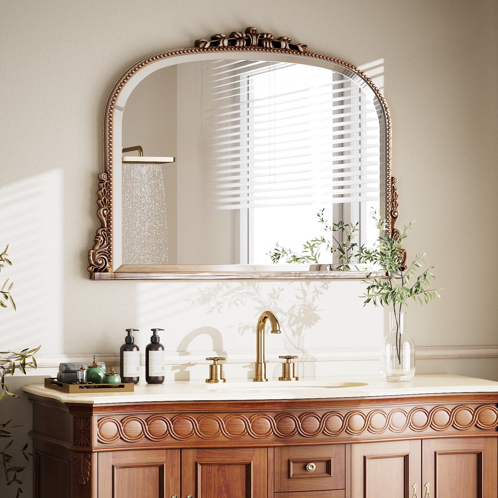 Puremirror 36"x27" Antique Arched Bathroom Mirror Wall Mounted Vintage Mirror, Silver