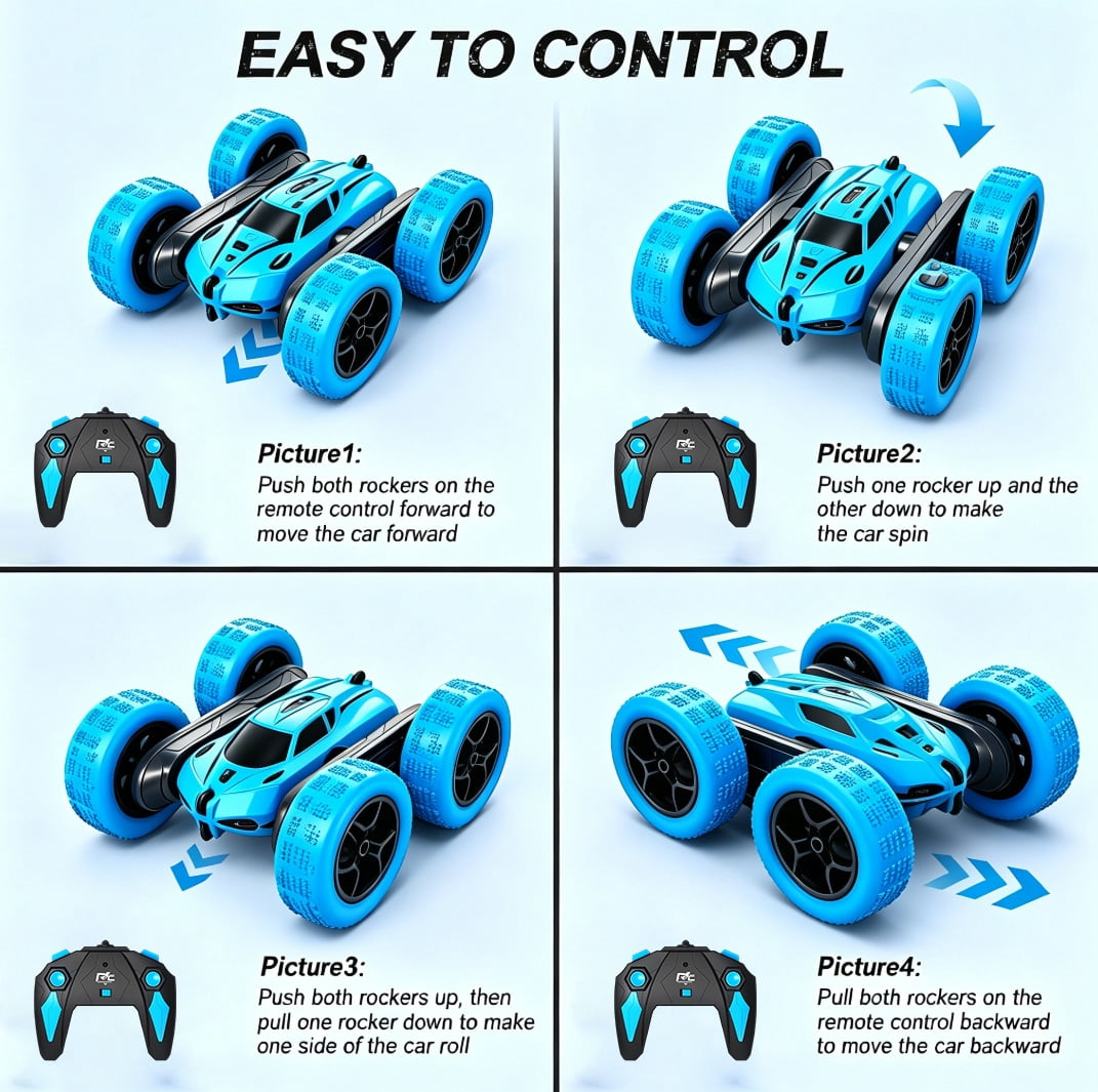 HNH Remote Control Stunt Car, 4WD 360° Flip Double‑Sided RC Cars Toys for Kids Ages 4-12, 2 Batteries, Blue