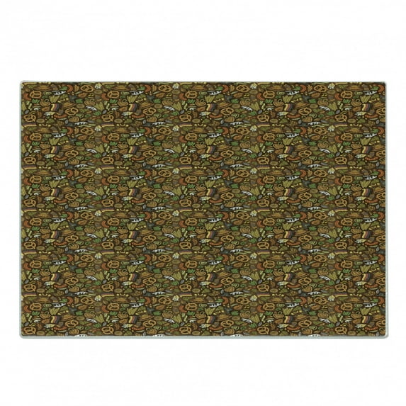 German Cutting Board, Cartoon Style Deutschland Pattern with Flag Hops and Pretzels Hand Drawn Doodle, Decorative Tempered Glass Cutting and Serving Board, Small Size, Multicolor, by Ambesonne