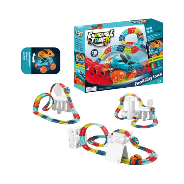 Anti Gravity Race Track with Car, Glow in The Dark Race Track Set, Car Track Set with LED Light-Up Race Car,Interchangeable Car Shells,Multicolor Flexible Changeable Tack(2 Car, 138)