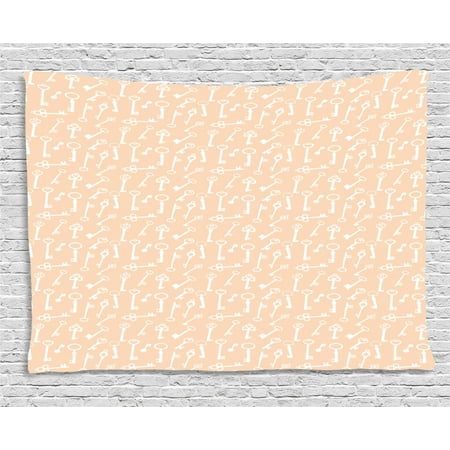 Peach And White Tapestry Pattern With Silhouette Antique Keys With Various Form Ornaments Wall Hanging For Bedroom Living Room Dorm Decor 80w X 60l