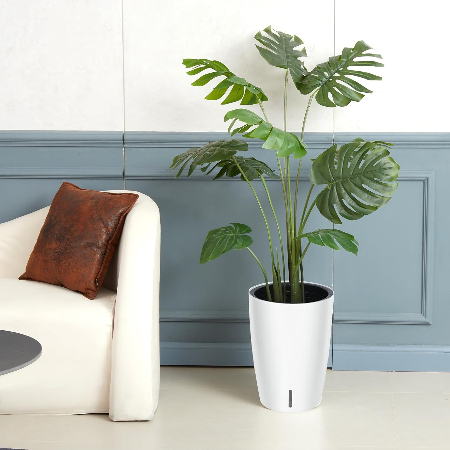 Riedhoff 15.7" Tall Round Planter Pots, Built-In Drainage, Self-Watering, 2 Count, White