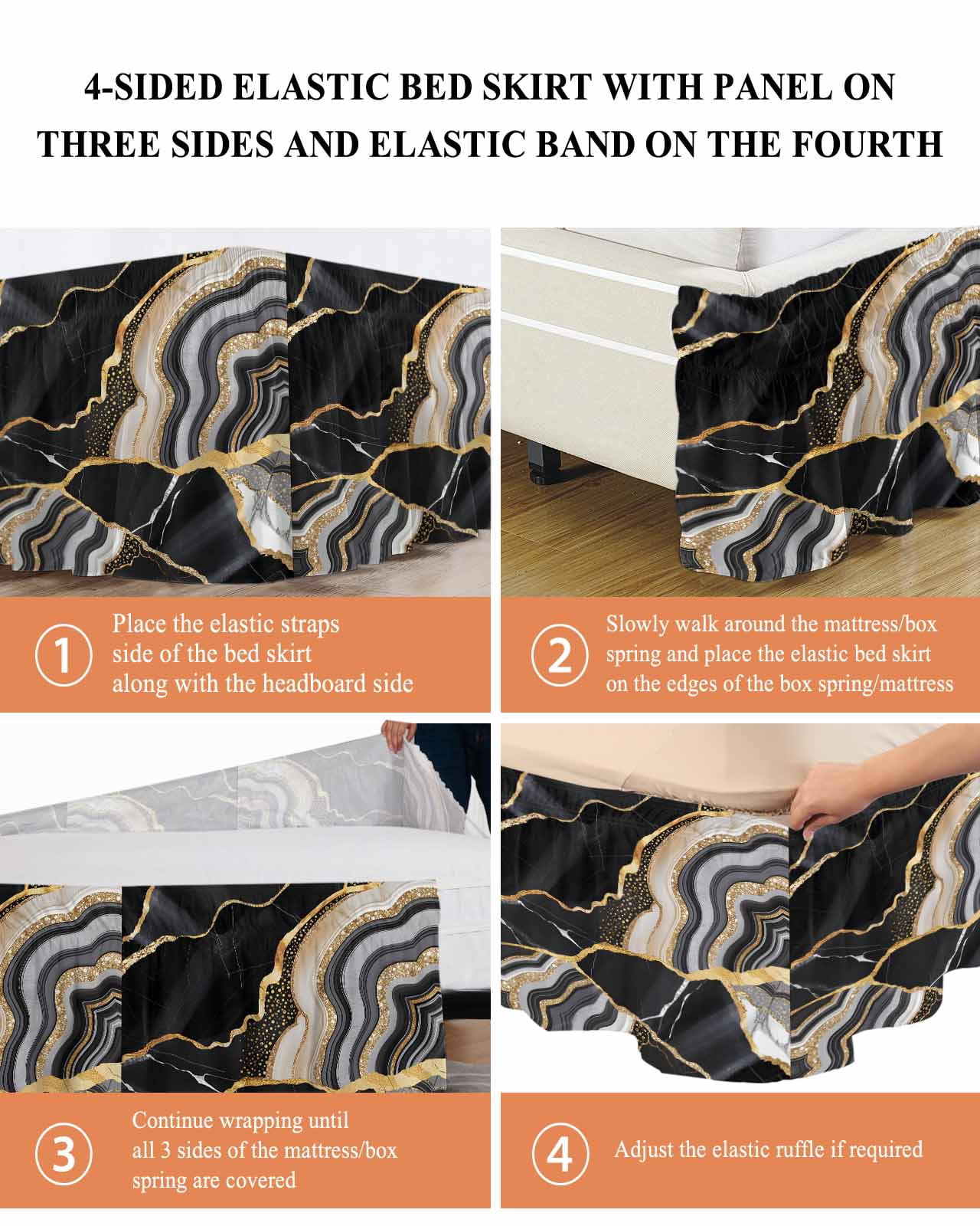 Black Gold Marble Bed Skirt Glitter Geometric Marble Foil Texture Bed Skirts King Size 16 Inch Drop, Wrap Around Dust Ruffle&nbsp;Bedskirt with Adjustable Elastic Belt for Queen Size Beds