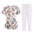 thumbnail image 3 of Minjewel Women's Plus Size Printed V-Neck Scrubs for Women Set with Pockets, Cheerful Animal & Floral Design Scrub Set for Medical Staff,Light Blue M, 3 of 5