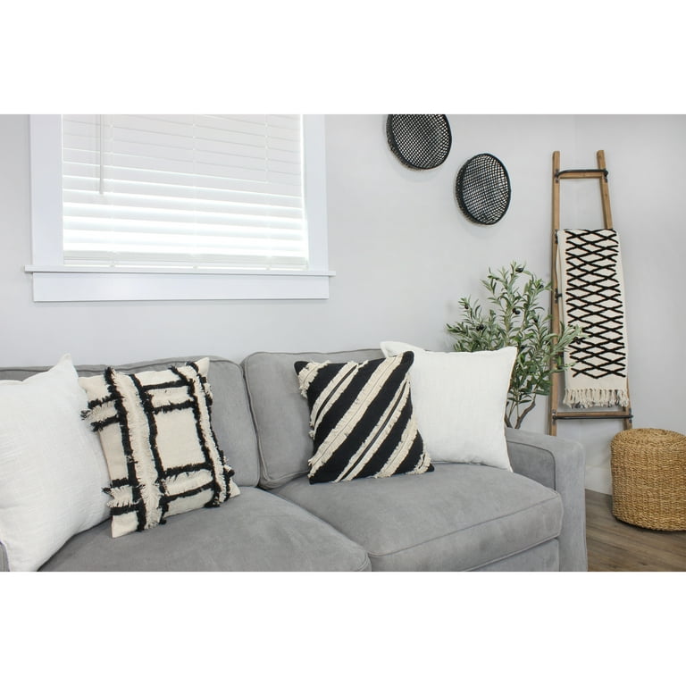 AuldHome Boho Farmhouse Throw Pillow Covers, 16 x 16 Black and Off White  Fringed Couch Pillows