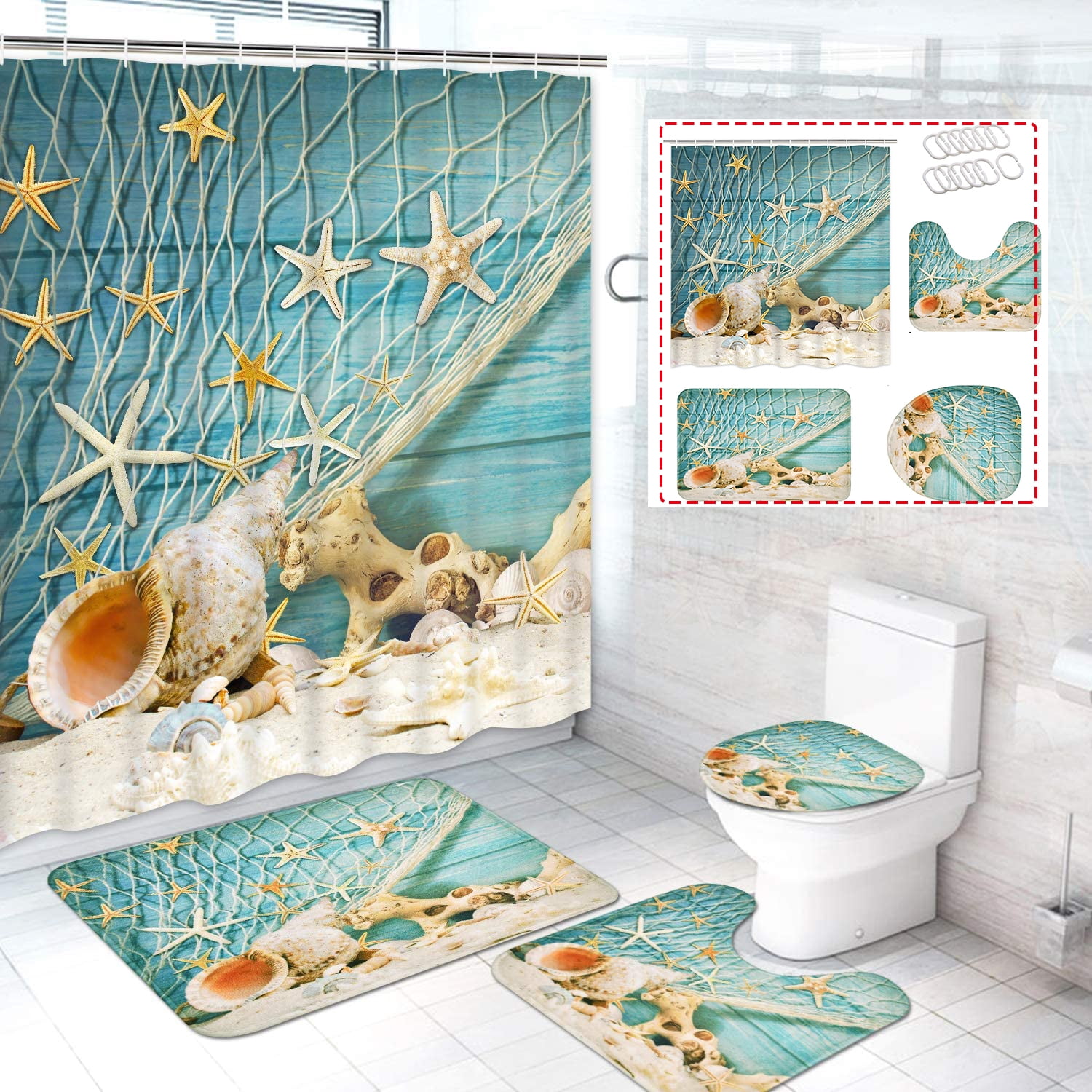 FRAMICS Gold Seashell Starfish Conch Teal Ocean Nautical Pattern Polyester Shower Curtain and Rug Sets Bathroom Decor Set, Waterproof Shower Curtain with 12 Hooks and Toilet Rugs, M
