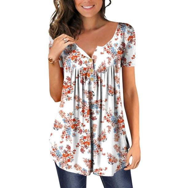 ICHUANYI Clearance Women Fashion V- Neck Floral Printed Tunic Tops Buttons Short Sleeve T-shirt(White, L) ICHUANYI WER2023080904944