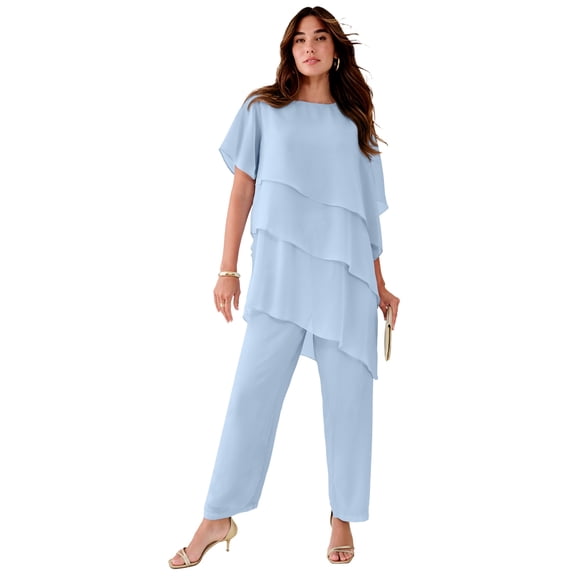 Roaman's Women's Plus Size Plus-Size 2 Piece Tierred Ruffle Top And Pant Set