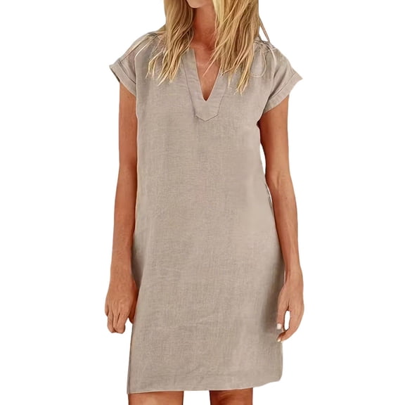 Ecqkame Summer Linen Dresses for Women V Neck Cap Sleeve Ruffle Hem Solid Color Dress Casual Loose Flowy Beach Sundress Khaki L