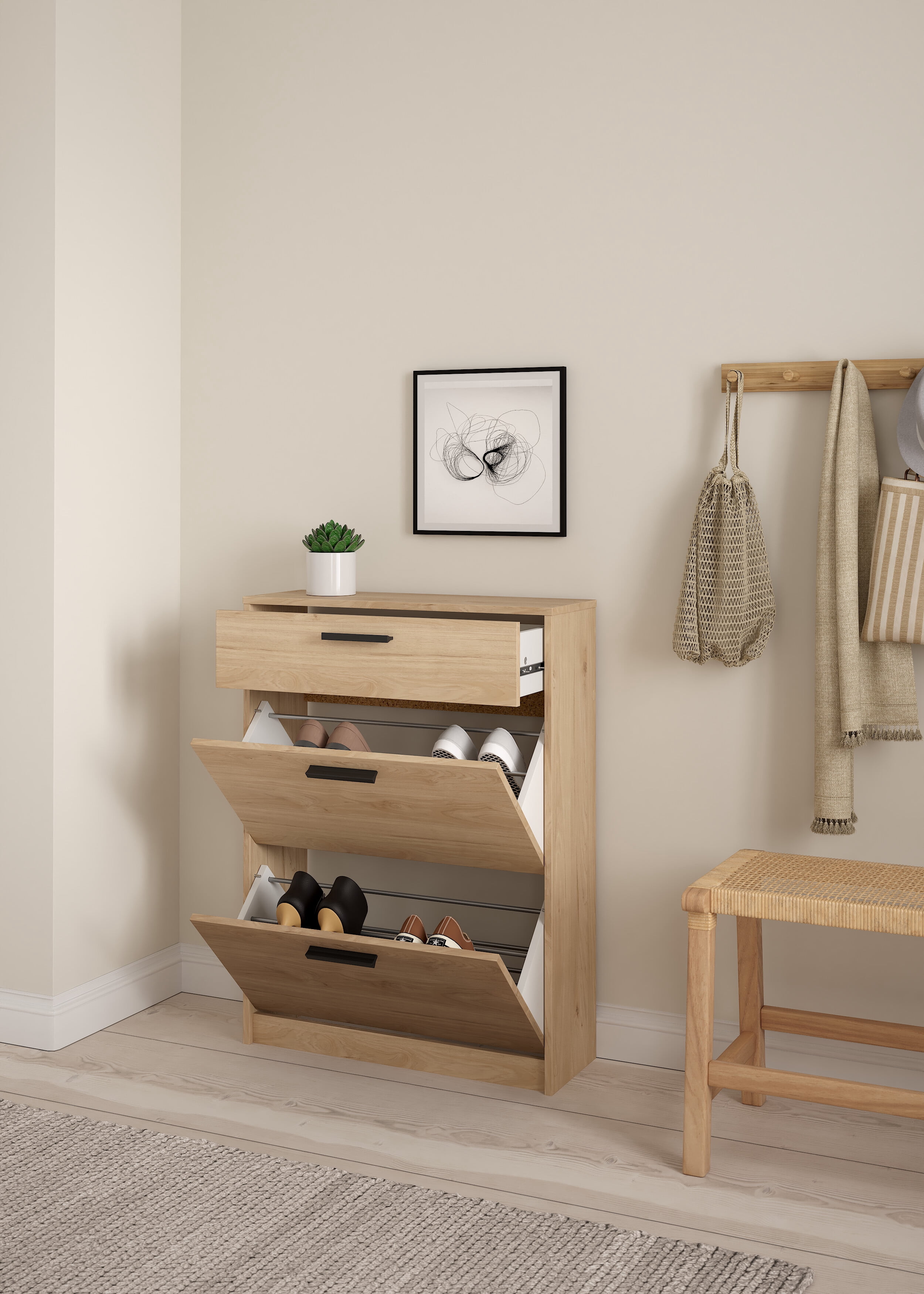 Tvilum Escape 2 Door Shoe Cabinet with Dual-Row Storage and 1 Drawer in Jackson Hickory