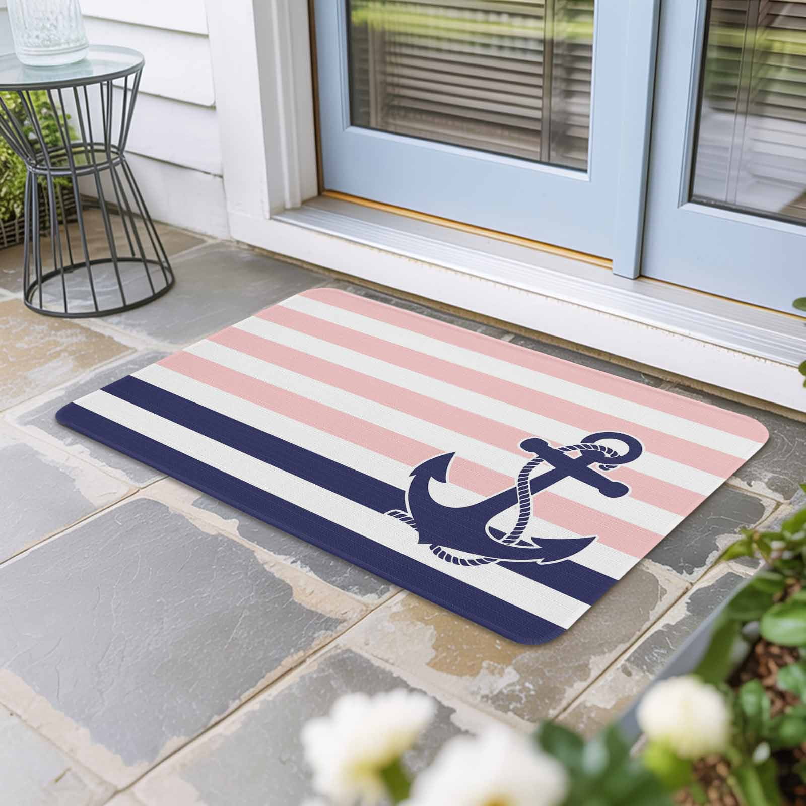 Anchor Pink Doormat Outdoor Entrance 16"x24", Modern Navy Blue White Striped Nautical Absorb Moisture Dirt Door Mats, Non-Slip Rubber Backing Floor Mats Indoor, Low-Profile Front Door Rugs