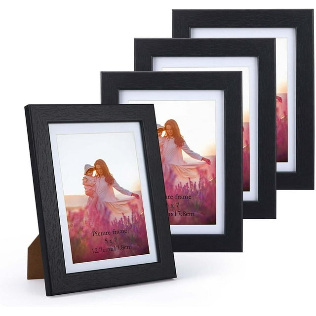 5x7 Picture Frame Set of 4, Black Photo Frames with Mat for Wall Mount