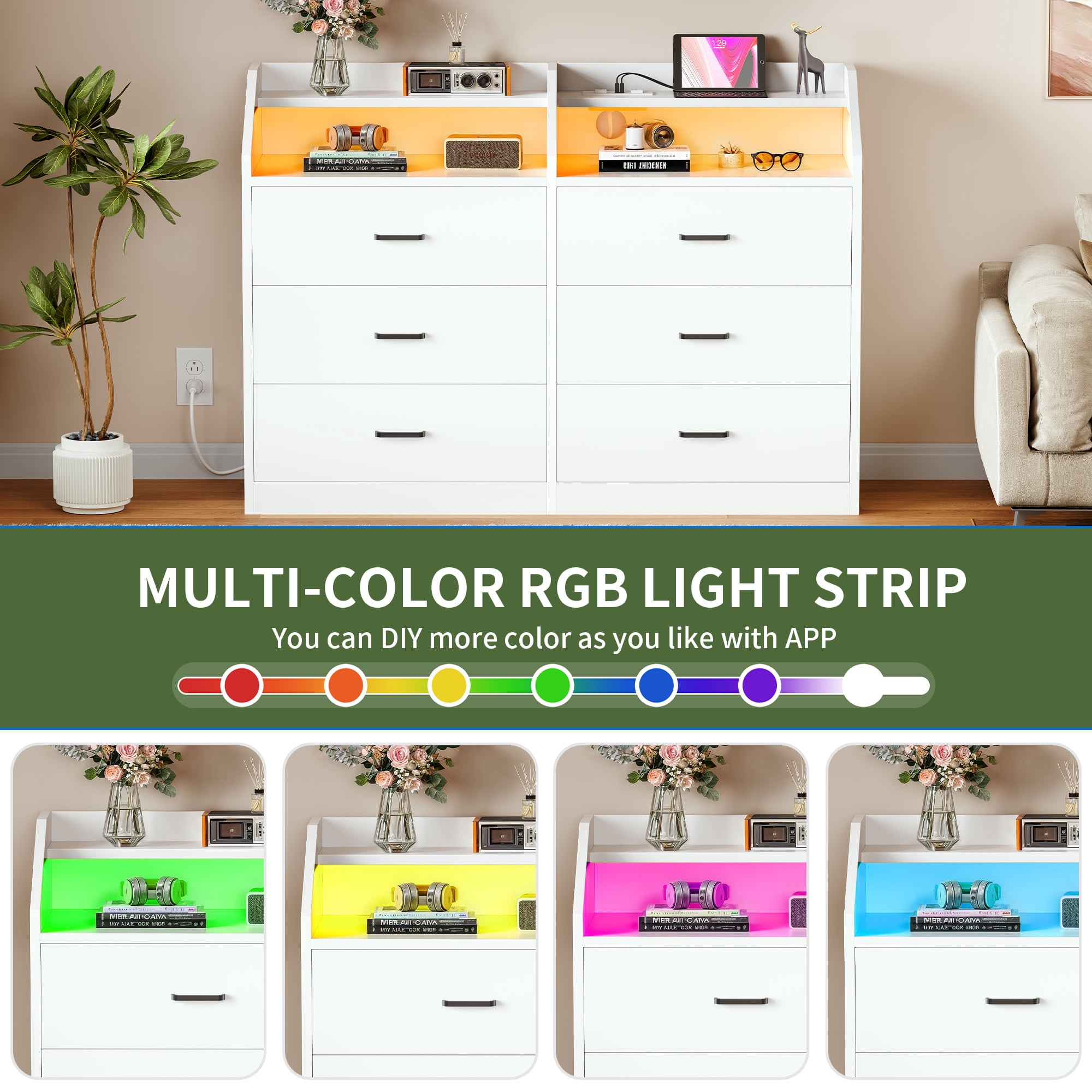 Uforic 6-Drawer Double Dresser with LED Lights & Power Outlets, Storage Cabinet Chest of Drawers with Shelves, White