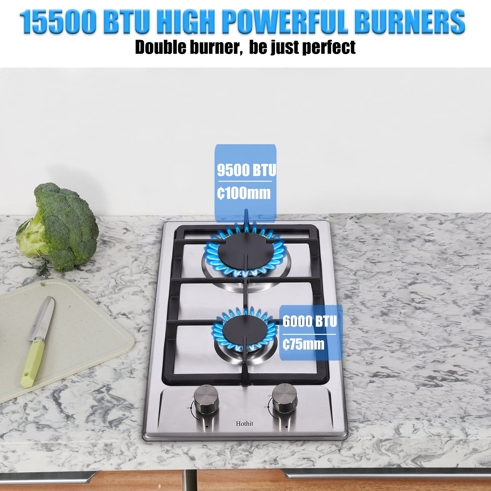Hothit 2 Burner Propane Gas Cooktop 12" Inch Built-in Stainless Steel Stove Top Propane/Natural Gas Convertible Portable Gas rRange for Apartment Outdoor and RV (L12"×W20")