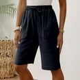 thumbnail image 4 of Womens Bermuda Shorts Elastic Waistband Cotton Linen Pockets Loose Wide Leg Knee Length Bermuda Long Shorts for Women, 4 of 7