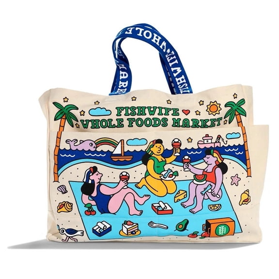 Whole Foods Market Fishwife Canvas Tote Handles, Reusable Grocery Shoulder Tote Bag, Seaside Graphic Printed Sturdy Carry Straps for Shopping Beach Daily Errands(66X33cm, Large)