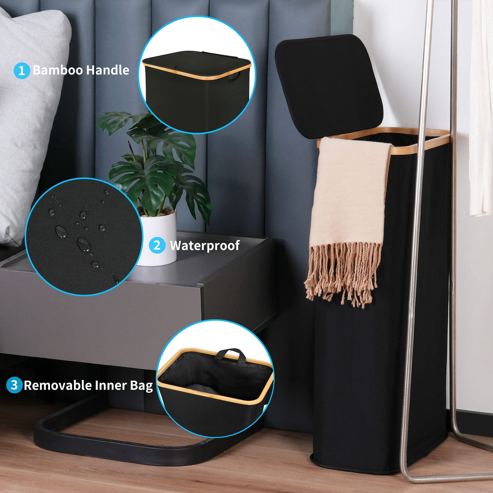 Efluky Slim Laundry Basket with Lid, Narrow Laundry Hamper with Removable Bag, Skinny Dirty Clothes Basket with Bamboo Handles for Bathroom, Bedroom & Laundry Room, 63L Black