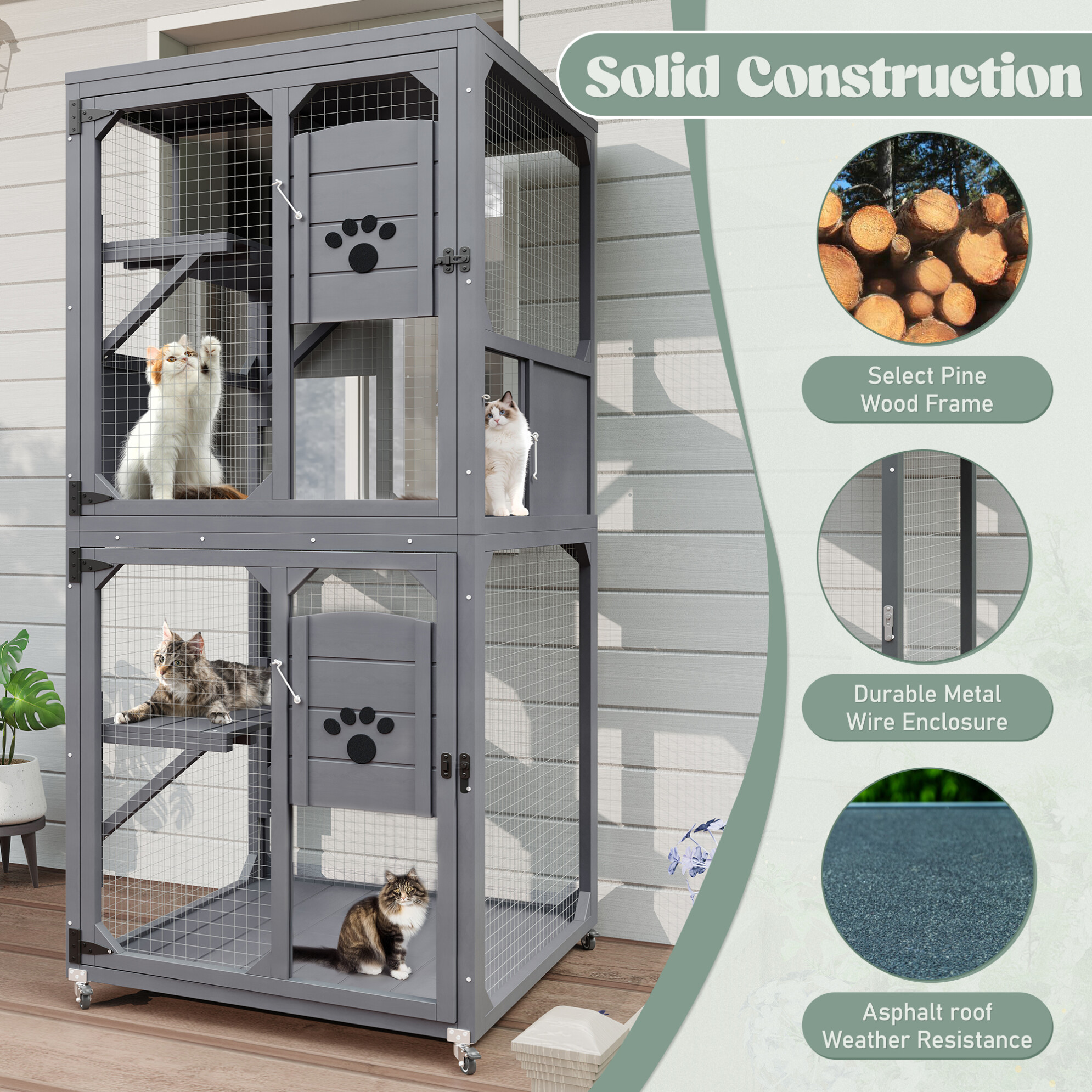 Outdoor Cat Enclosure with Window Access, 4-Tier Cat House with Wheels, Waterproof Roof and Resting Box for Large Indoor Cats, Gray