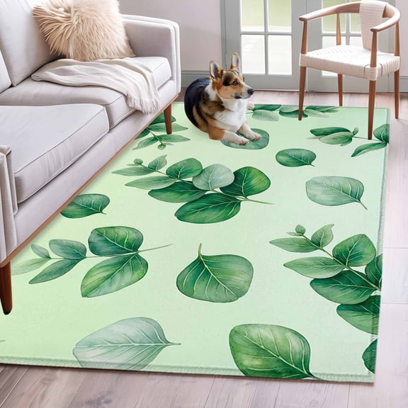 Eucalyptus Leaves Area Rugs 3'x5', Washable Small Throw Rugs for Living Room Bedroom, Sage Green Weeping Leaf Plants Spring Indoor Outdoor Rug Non-Slip Low Pile Carpet Runner Reversible Floor Mats