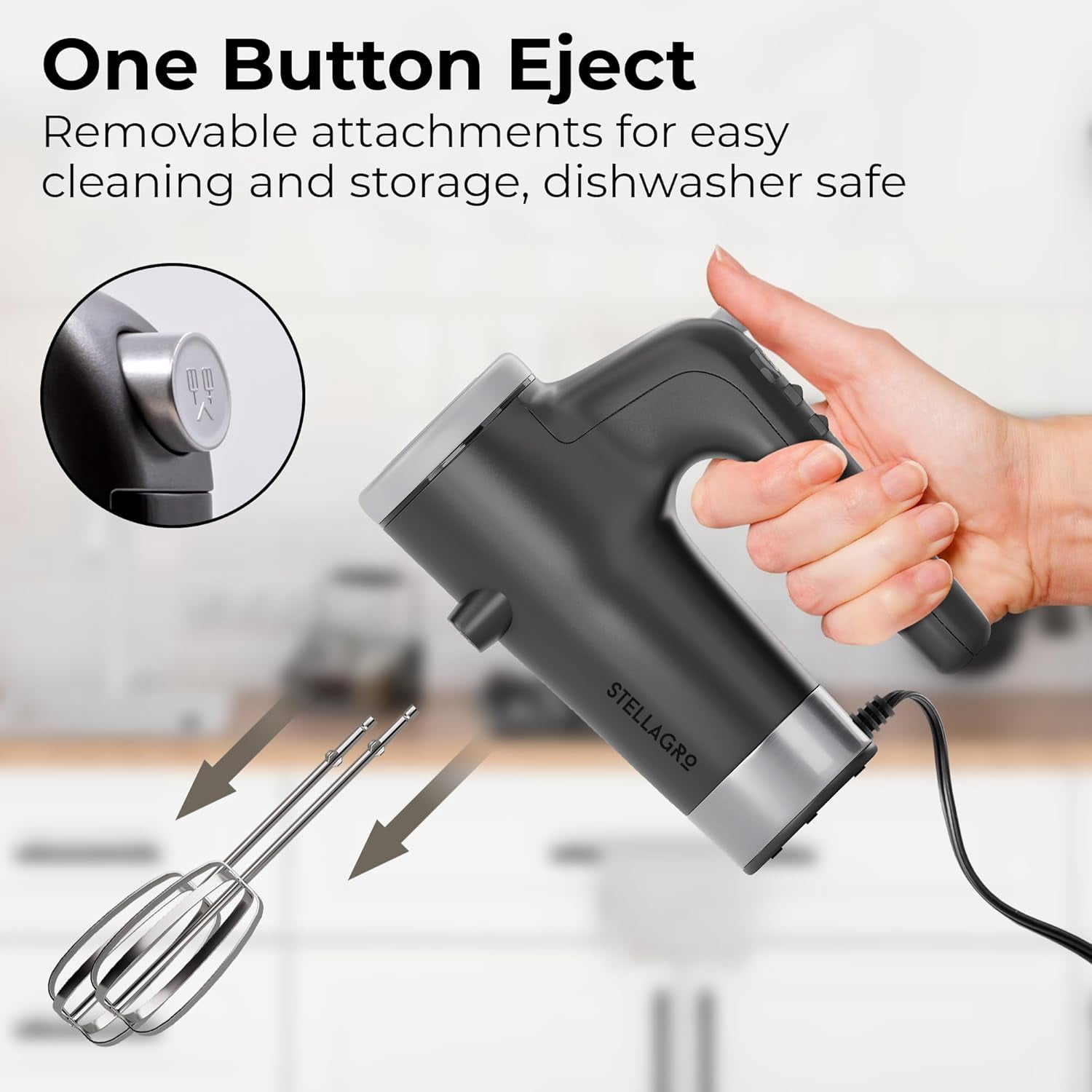 Electric Hand Mixer 9 Speed with Stainless Steel Whisk, Flat Beater & Dough Hook, Snap Storage , Compact Lightweight 350 W Powerful handheld mixer for Baking & Cooking, Gray
