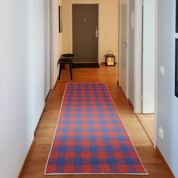 Plaid Decorative Rug, Lumberjack Fashion Buffalo Checks Pattern Retro Style Grid Composition, Quality Carpet for Bedroom Dorm and Living Room, 6 Sizes, Vermilion and Sea Blue, by Ambesonne