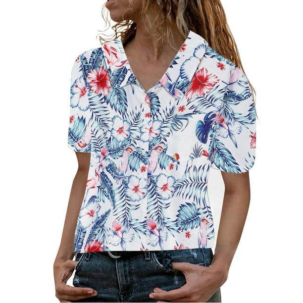 Womens Tops Blouse Funky Hawaiian Shirt Frontpocket Leaves Flowers Palm  Print Top Casual Shirts