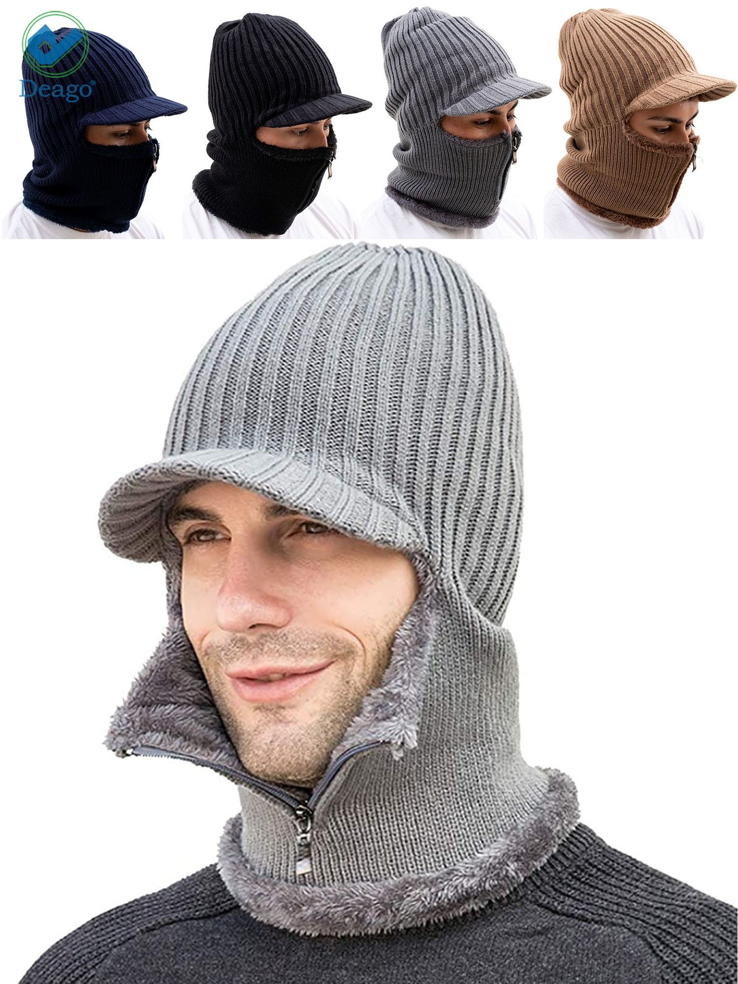Deago Men Winter Knitted Balaclava Beanie Hat Scarf Set Warm Cycling Ski Mask Neck Warmer with Thick Fleece Lined Zipper Winter Hat & Scarf (Gray) - image 1 of 8