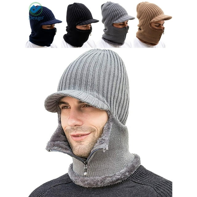 Deago Men Winter Knitted Balaclava Beanie Hat Scarf Set Warm Cycling Ski Mask Neck Warmer with Thick Fleece Lined Zipper Winter Hat & Scarf (Gray)