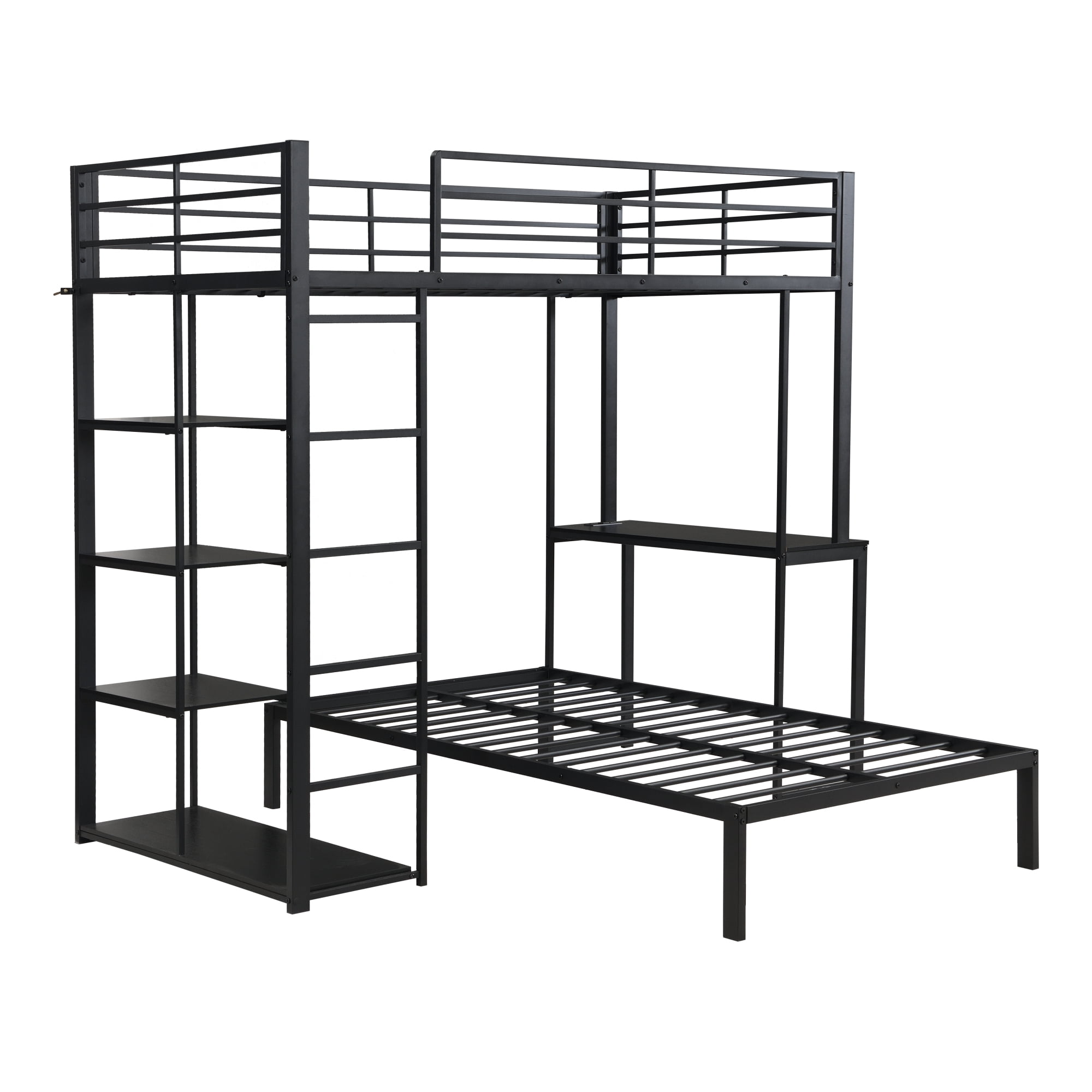 Leumius Twin over Twin Metal Loft Bed Frame with LED Light Strip, Side Storage Shelves & Built-in Desk, Metal Bunk Bed for Dorm Apartment Guest Room
