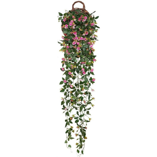 Plantas colgantes artificiales con flores de rosa, guirnalda de 4.5 pies, flor colgante falsa, cadena verde, pared, hogar, habitación, jardín, boda, interior, exterior, decorativa (no incluye cesta) Ormromra CZJJ-HQ53-1