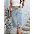 thumbnail image 3 of Women'S High Waisted Split Front Raw Hem Bodycon Midi Denim Skirt Light Blue L, 3 of 8