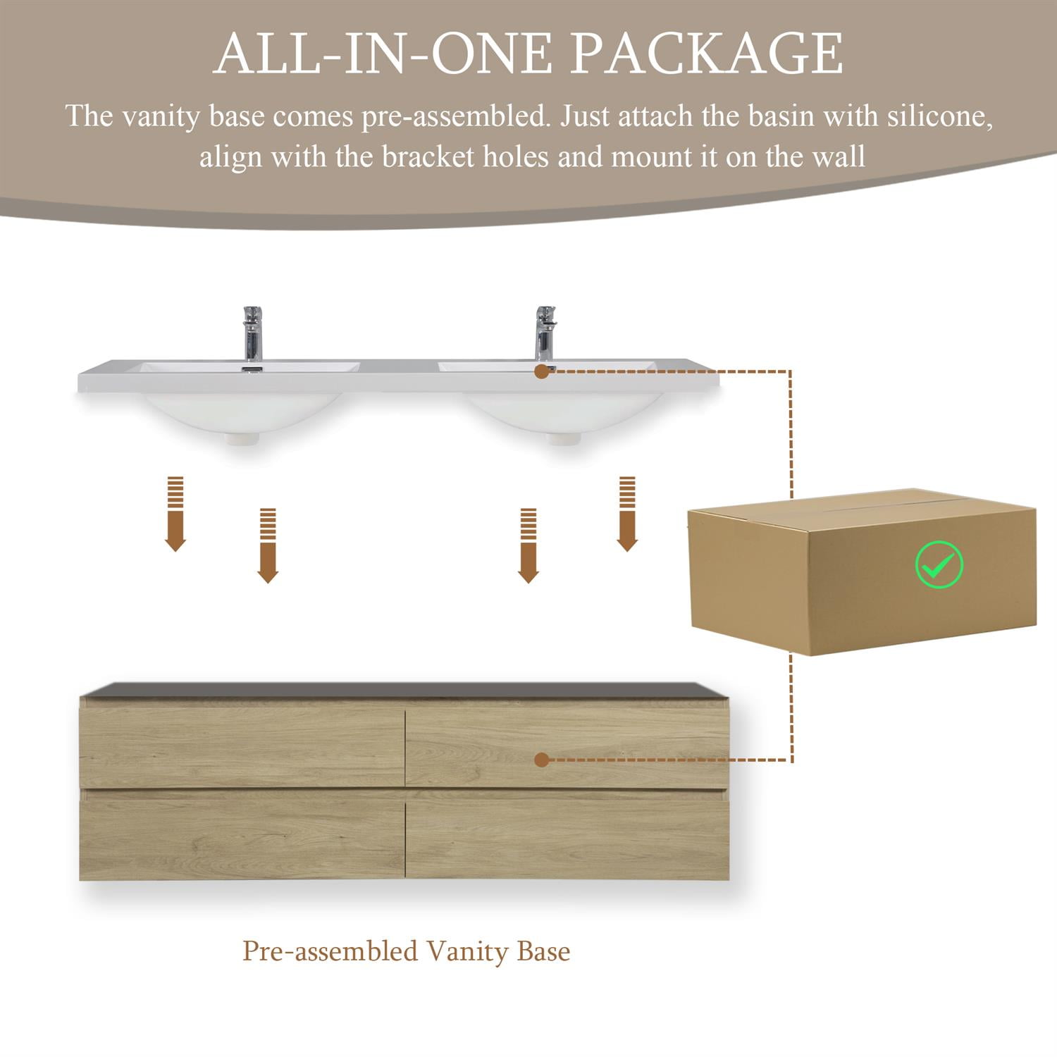 Demi Bonn 72" Floating Bathroom Vanity with Sink, Double Resin Top Basin and 4 Soft Close Drawers, Faucets and Drains Not Included, Brown