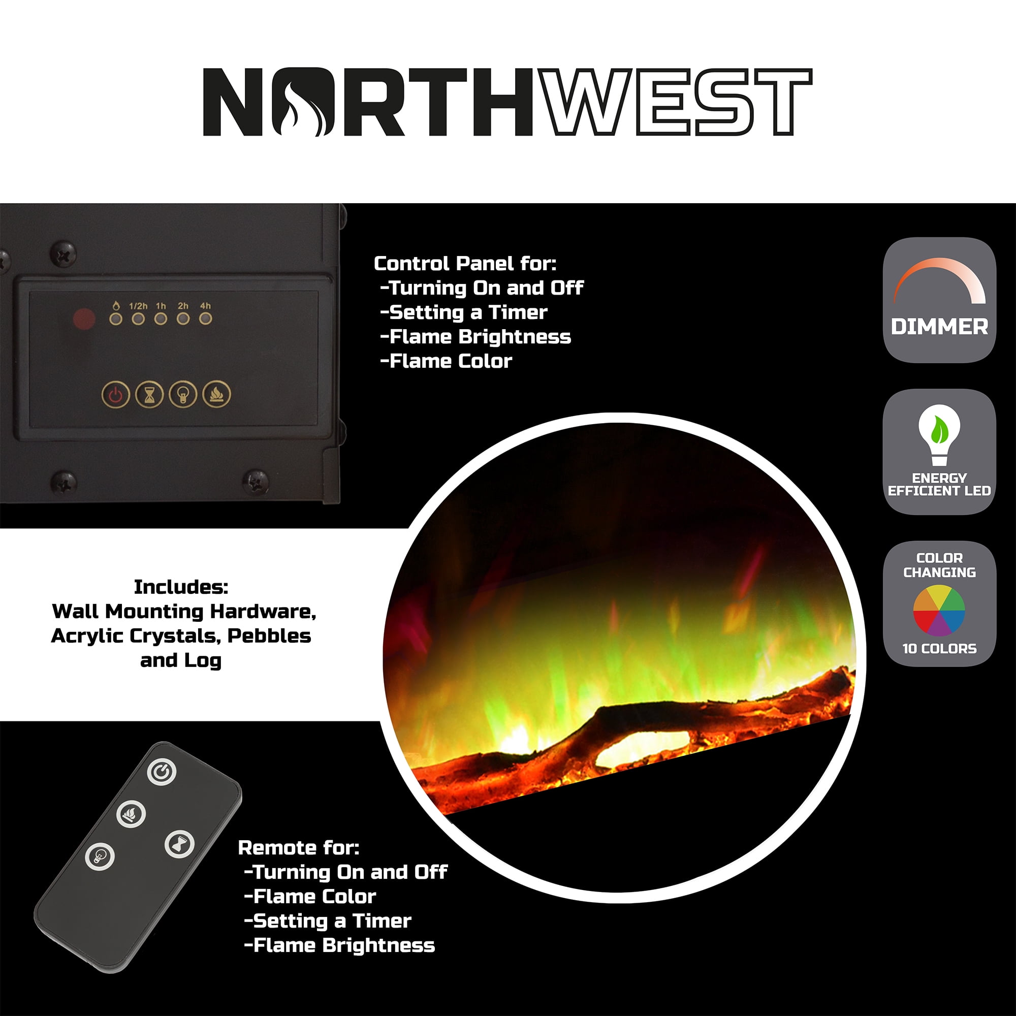 Northwest 36-inch Wall-Mount Modern Electric Fireplace with Remote, Black