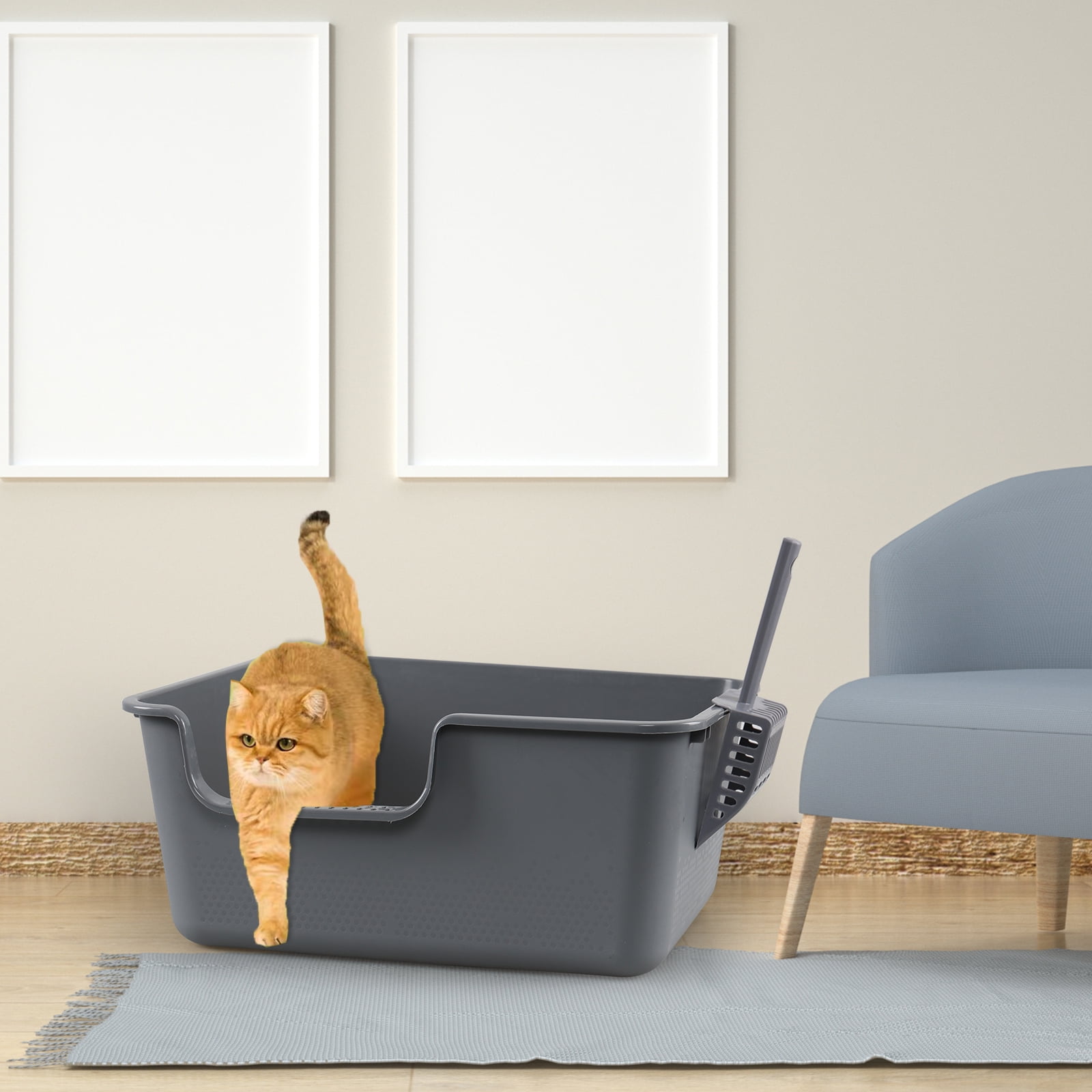Xyskin Grey Plastic Open Top Cat Litter Box, Anti-Splashing Kitty Litter Box with Scoop, High Sides Cat Litter Pan, 4 Packs
