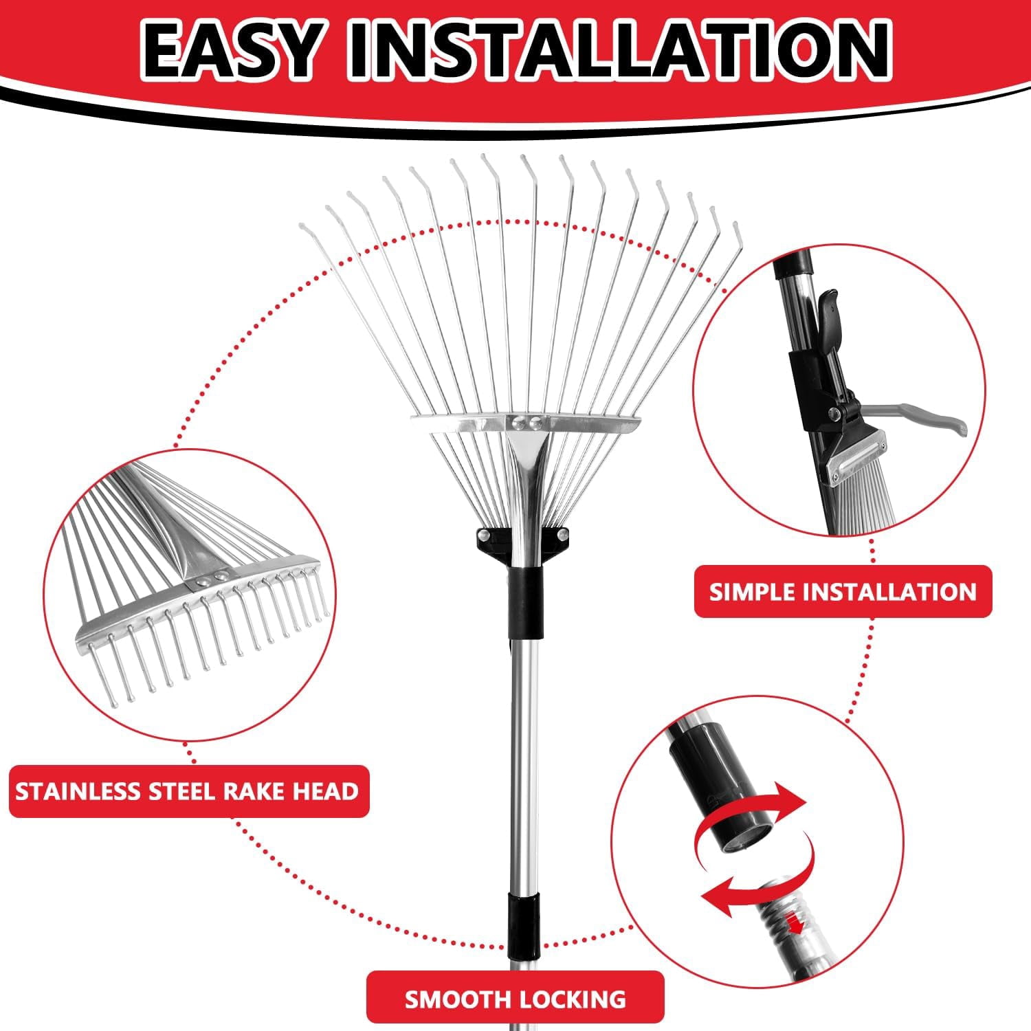 RGHJAR-Leaf Rake Adjustable 23" to 75" - Stainless stelel Rake for Leaves, Garden Tools for Yard Lawn Shrub Garden Beds, Rastrillo para Jardin