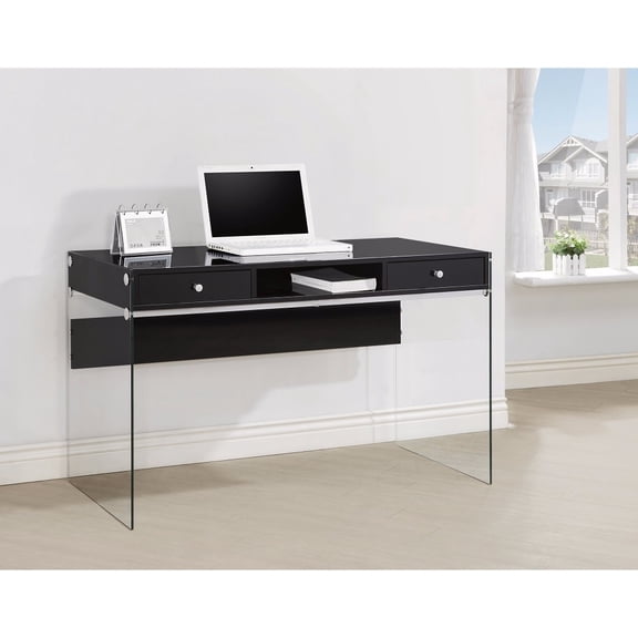 Dobrev 2-drawer Writing Desk Glossy Black and Clear