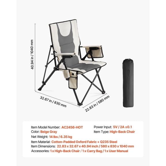 Heated Camping Chair,3 Heat Settings,High Back Folding Camping Chair,Supports 260lbs,Full Padded Beach Chairs with Armrest&Cupholder,Portable Lawn Chairs for Outdoor Sports Travel