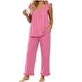 thumbnail image 2 of Elvqul Loose Fit Sleeveless Square Neck Knit Fabric Long Pants Ruffled Hem Side Pockets Pajama Set Sleepwear Loungewear Ruffled Hem Pjs Flutter Strap Pjs Ruffle Detail Pajamas, 2 of 8