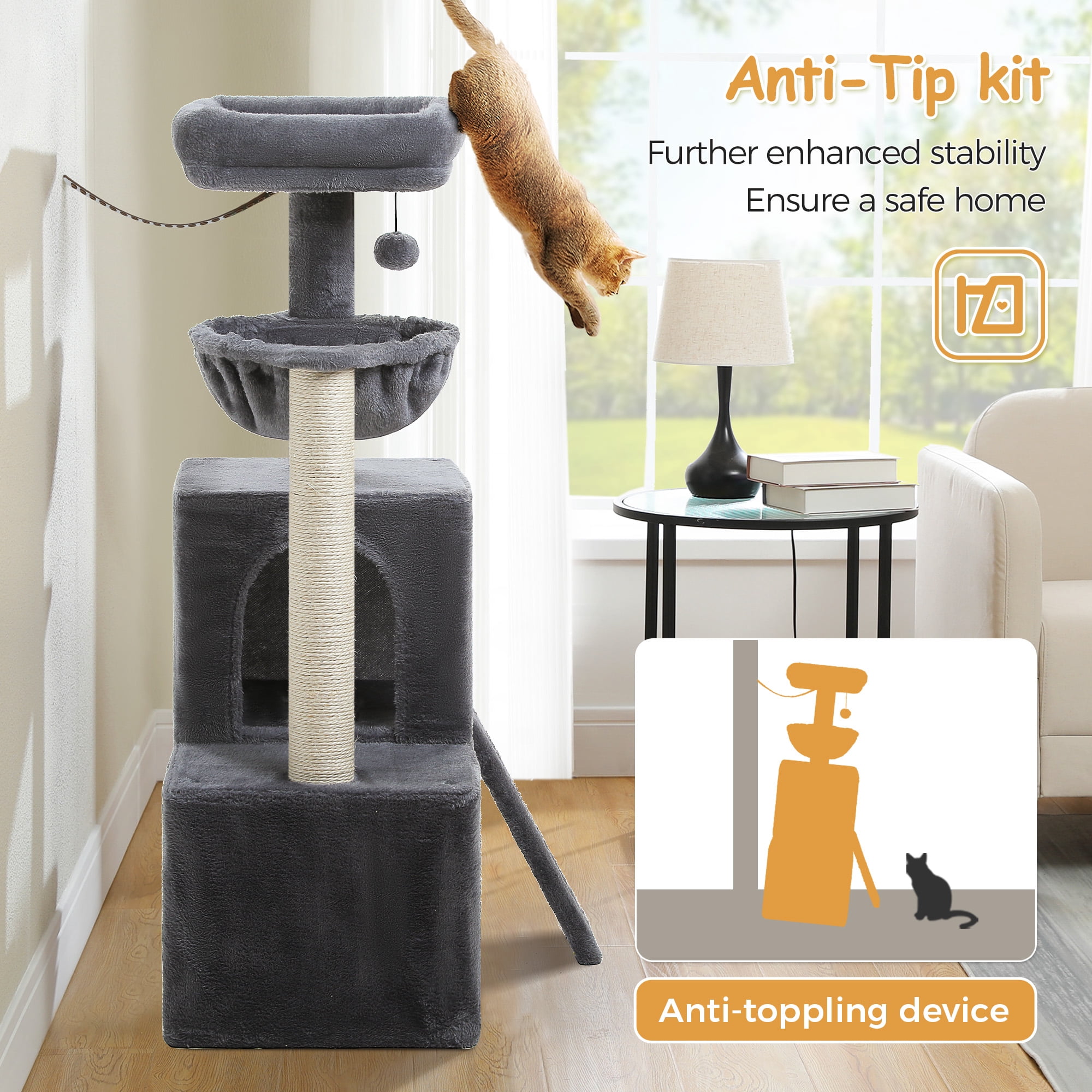 PAWZ Road 41" Cat Tree Condo with Hamock, Cat Scratcing Post Tower Ramp for Indoor Cats,Dark Gray