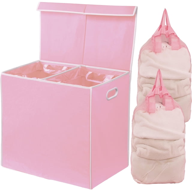 Cesta de ropa sencilla para el hogar doble con tapa, color rosa