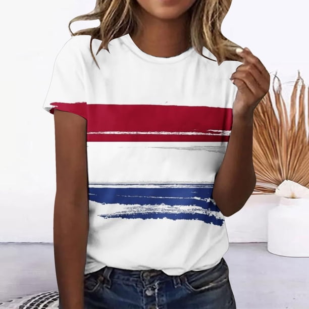 Fiudx Ofertas Del Día Camiseta Informal de Manga Corta con Cuello Redondo y Estampado Del Día de La Independencia para Mujer