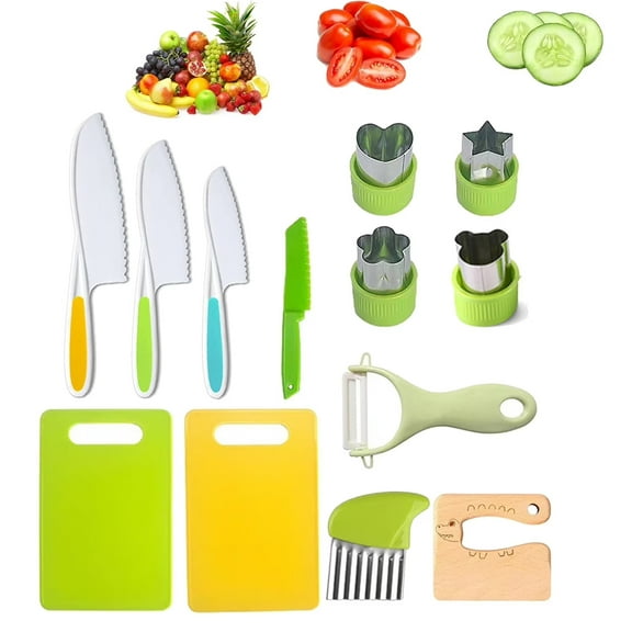 13 Pieces Kid Kitchen Knife Tools, Toddler Safe Knives Set, Kids Real Cooking Set with Plastic Wooden Knives, Cutting Boards, Sandwich Cutters