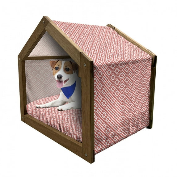 Pink Pet House, Square Shapes Horizontal Image with Diamond Shapes Triangles Art Print, Outdoor & Indoor Portable Dog Kennel with Pillow and Cover, 5 Sizes, Dark Coral and White, by Ambesonne
