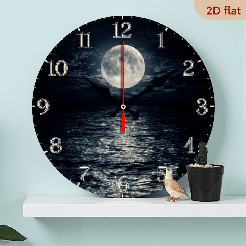 2D Flat, 1pc 10Inch Rustic Farmhouse Moon Lake Wooden Wall Clock - Silent Quartz Movement, AA Battery Operated, 2D Flat Design with Serene Night Sky Water Reflection, Perfect for Kitchen, Bedroom,