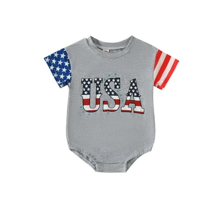 

GXFC Infant Baby Boy Girl 4th of July Contrast Color Rompers T-shirt Newborn Short Sleeve Flag Letter Print Jumpsuit Independence Day Summer Casual One Piece Clothes 0-24M