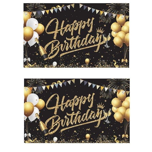 2X Banner de Telón de Fondo de Cumpleaños, Letrero de Telón de Fondo de Oro Negro, Conjunto de Decoración de Fiesta de Feliz Cumpleaños para Niñas, Hombres, Mujeres, Celebración