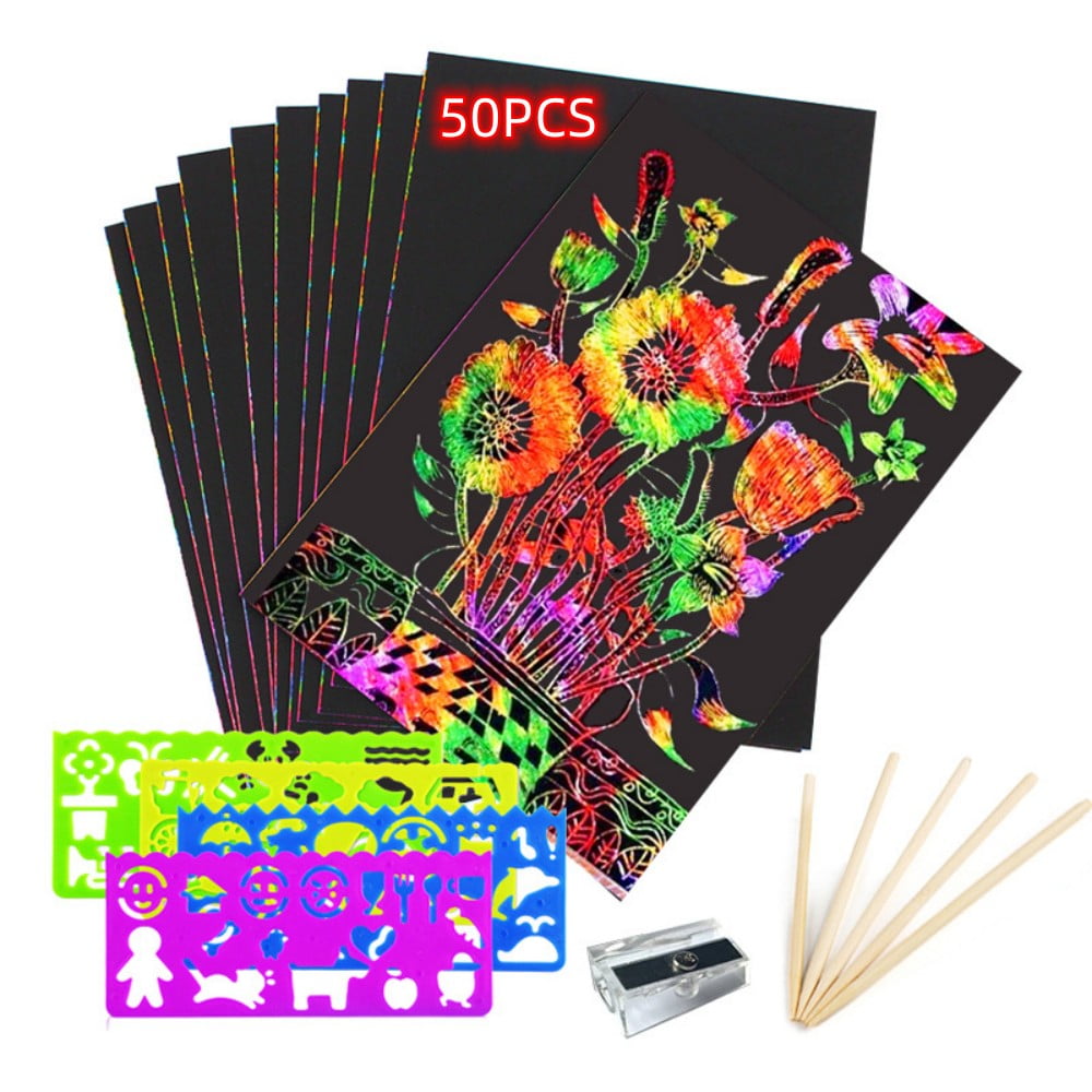 50Pcs Rainbow Scratch Paper for Kids, Bomutovy Art Crafts Set for Girl