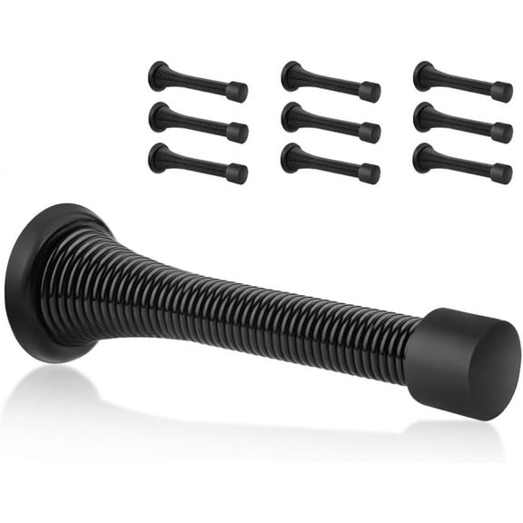 10 Pack Spring Door Stoppers Black - Flexible Heavy Duty Screw-in Door Stop Spring, Wall Door Stopper with Black Bumper Tips