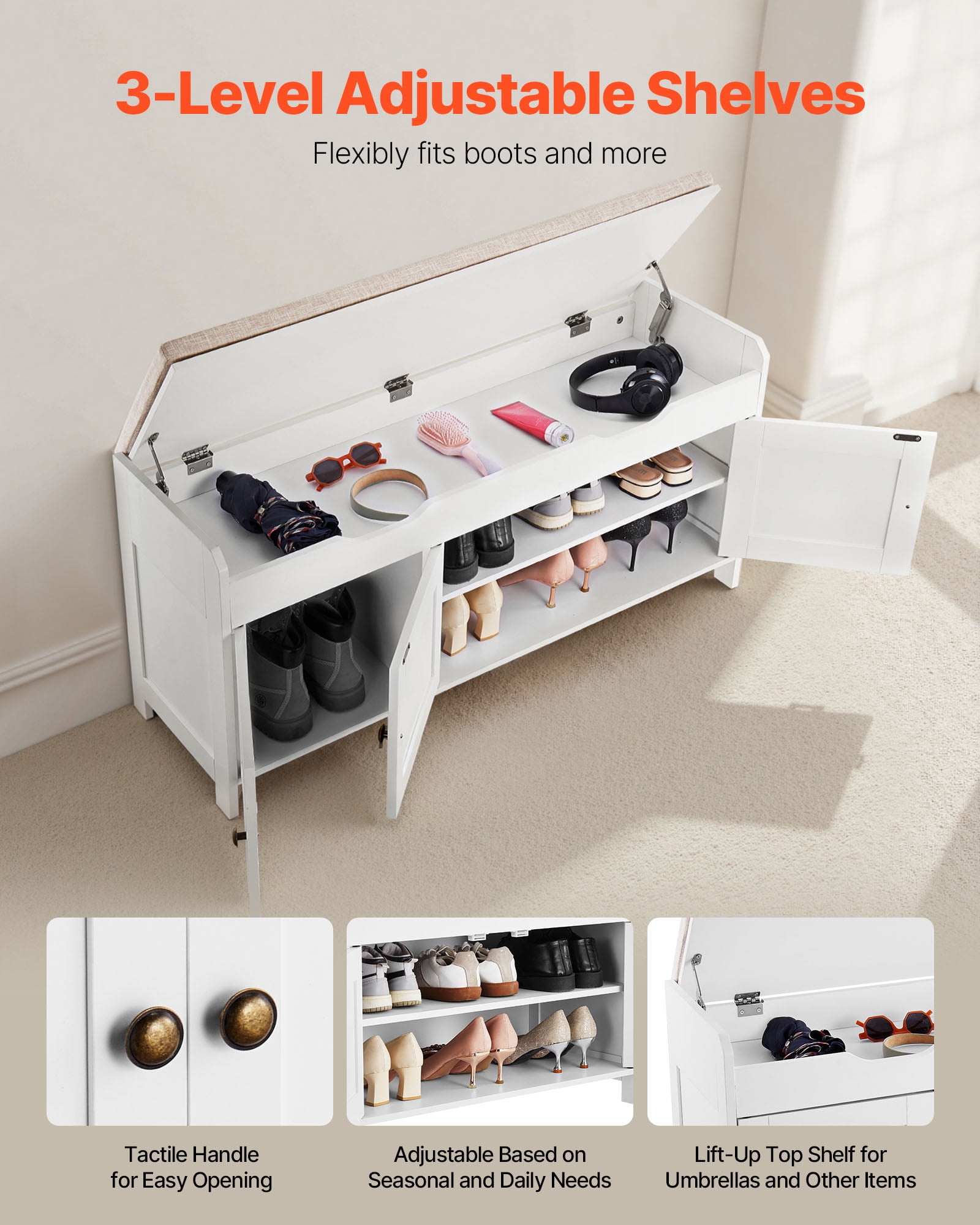 VEVOR Shoe Bench, 41.3 x 13.8 x 19.8 Inch Entryway Bench with Lift Top Storage and Seat Cushion, 250lbs Shoe Rack with 3 Cabinets and Height Adjustable Shelf, for Bedroom,Hallway, White + Black