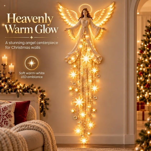 Angel Blessing Starfall Wall Light,Heavenly Christmas Wall Decor, Cascading Star Resin Decoration with Warm Glow, 33 Inch, For Bedroom Home,Guardian Gift for Women